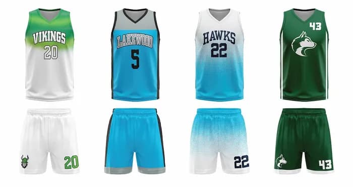 Basketball jerseys in team colors, logo and roster