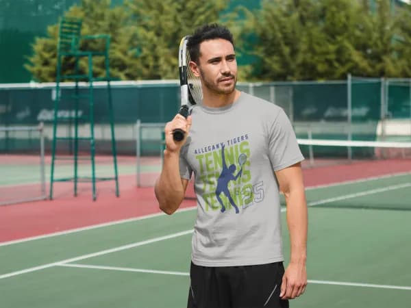 A tennis team spirit tee, worn courtside