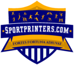 Sportprinters.com main logo. Blue and gold shield with sports logos and sportprinters.com across the front in bold text