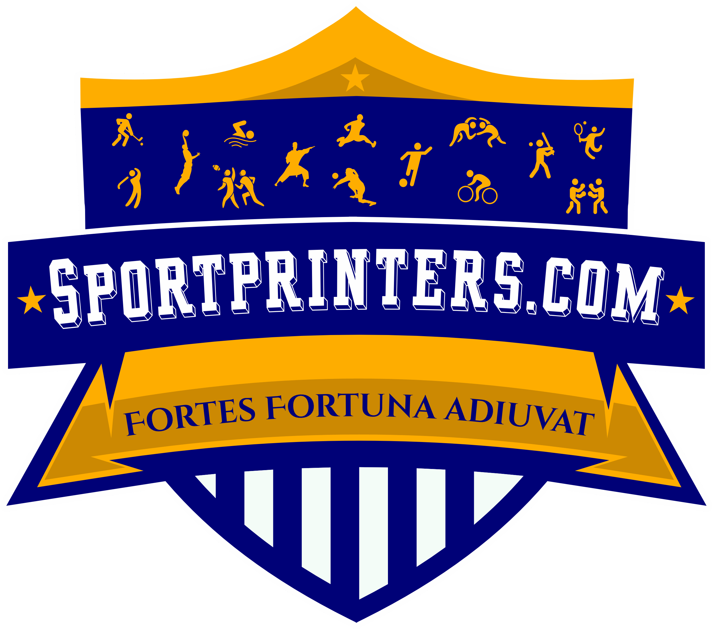 Sportprinters.com main logo. Blue and gold shield with sports logos and sportprinters.com across the front in bold text